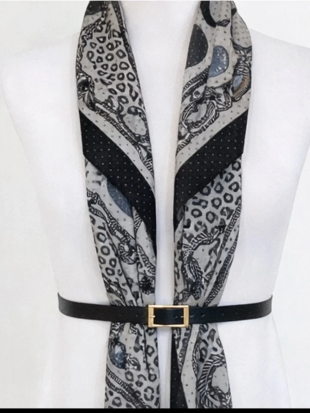 Black Gray Ivory Large Square Foulard Scarf Gold Metallic Dot Sheer Wrap 41”
